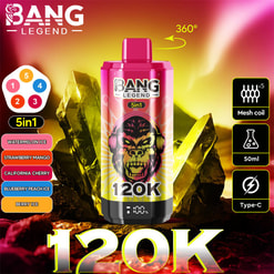 Bright pink-and-yellow Bang Legend 120K vape canister with a snarling monkey logo and '5in1' flavour badge (Watermelon Ice, Strawberry Mango, California Cherry, Blueberry Peach Ice, Berry Ice), flanked by icons for 360° top, 5× mesh coil, 50 ml capacity and Type-C charging on a neon crystal background