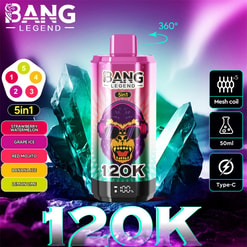 Vibrant promotional image of a pink-and-teal Bang Legend 120K disposable vape shaped like a can featuring a screaming gorilla in sunglasses and labelled 5‑in‑1, set against crystalline ice with a flavour list (Strawberry Watermelon, Grape Ice, Red Mojito, Banana Ice, Lemon Lime) and icons for 360° rotation, mesh coil x5, 50ml and Type‑C charging.