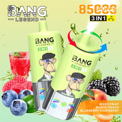 Two pale-green Bang Legend 3-in-1 disposable vape devices featuring a cartoon ape logo, surrounded by illustrations of mixed fruits (blueberries, raspberries, blackberries, peach) and a mojito, with prominent ‘8500 puffs’ text and flavour labels.