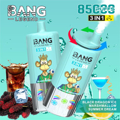 Two turquoise Bang Legend 3-in-1 disposable vape devices—one upright and one tilted exhaling vapour—featuring a crowned cartoon monkey labelled