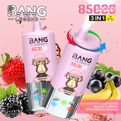Two pink Bang Legend 3-in-1 disposable vape devices featuring a cartoon monkey in a pink hat—one emitting vapour with rotation arrows at the cap—surrounded by strawberries, blackberries, blackcurrants and bananas and labelled with flavours (strawberry, raspberry, black currant, strawberry banana) and a puff count.