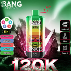 Obraz promocyjny zielonego jednorazowego urządzenia do waporyzacji 5 w 1 BANG LEGEND, oznaczonego 120K, z kolorowym logo małpy, listą smaków (truskawkowe kiwi, arbuz jagodowy, żelek-miś, guma balonowa z jagodami, ananas z kwaśnego mango) i ikonami przedstawiającymi obrót o 360°, cewki siatkowe, pojemność 50 ml i ładowanie typu C na krystalicznym tle.