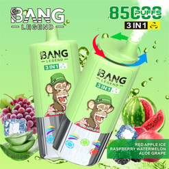 Two light-green BANG LEGEND 3-in-1 disposable vapes with cartoon ape logos and rotating mouthpiece arrows, surrounded by fruit and ice imagery (red apple, raspberry, watermelon, aloe, grape), with flavour names and a prominent puff-count label.