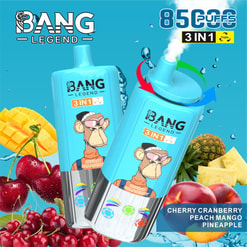Two turquoise Bang Legend 3-in-1 vape devices bearing a cartoon ape logo set against a splashy blue background with cherries, mango, pineapple and peaches, labelled Cherry Cranberry Peach Mango Pineapple and promoted as 85,000 puffs.