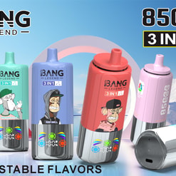 Five colourful Bang Legend disposable vape devices (mint green, light blue, red, pink and teal) with cartoon ape graphics and chrome bottoms, prominently labelled 85,000 puffs and 3‑in‑1, displayed against a snowy mountain sky backdrop with icons for mesh coil, e‑liquid/battery indicator, Type‑C charging and '3 adjustable flavors'.