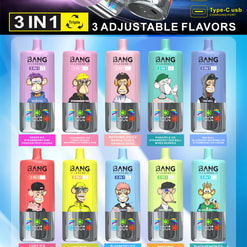 Promotional poster for BANG Legend disposable vapes featuring two large metallic cylinders and a grid of colourful pastel 3-in-1 flavour devices with cartoon monkey characters, highlighting 85,000 puffs, three adjustable flavours, mesh coil, e-liquid and battery indicators, and Type-C USB charging.