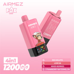 Dwa różowe jednorazowe urządzenia do waporyzacji 4 w 1 AiRMEZ FOX, jedno z etykietą 1200 zaciągnięć i przedstawiające rysunkowego lisa w czapce, z czarną geometryczną podstawą i listą smaków (Red Mojito, Love 66, Mixed Berries, Strawberry Watermelon) na delikatnym różowym gradientowym tle.
