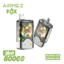 Two AiRMEZ Fox transparent disposable vape devices featuring a stylised fox illustration on colourful geometric backgrounds, shown side-by-side with a green AiRMEZ Fox logo at top left and text indicating '2in1 8000 puffs' and flavours 'Black Ice' and 'Grape Ice'.