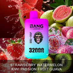 Gradientowy, różowy do turkusowego jednorazowy waporyzator z etykietą BANG LEADER 32000 PUFFS umieszczony nad kolażem truskawek, arbuza, kiwi, marakuji i gujawy z nazwami smaków wymienionymi poniżej.