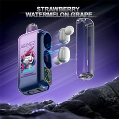 Purple wireless earbud charging case branded AIRMЕZ with a colourful cat illustration and the words Strawberry Watermelon Grape, two white earbuds shown floating with blue charging sparks beside a clear translucent lid against a purple gradient background above a rocky foreground