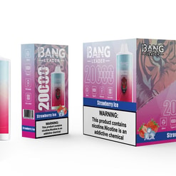 Three Bang Leader Strawberry Ice disposable vape products: a single cylindrical device with a tiger logo, a small retail box and a larger display box all showing '20,000 puffs', strawberry-ice artwork and a nicotine warning, set on a white background.