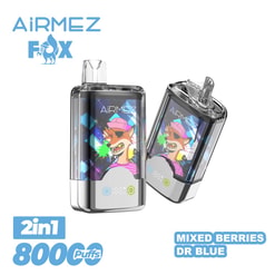 Two AiRMEZ Fox disposable vape devices with clear casings displaying colourful graffiti-style fox artwork, shown upright and tilted, with branding text reading AiRMEZ, 2in1 8000 puffs and Mixed Berries DR BLUE.