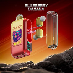 Floating red Airmez 'Blueberry Banana' earbuds charging case with a purple wolf illustration and two yellow-green wireless earbuds emitting blue charging arcs beside a transparent outer shell, set against a dramatic orange-red background over a rocky foreground with the title 'BLUEBERRY BANANA' above.