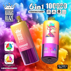 Two brightly coloured gradient Bang Blaze disposable vape devices against a swirling multicoloured smoke background — one displays a crown logo and flavour text, the other shows a cartoon monkey illustration and an LED readout, with promotional labels reading '6 in 1' and '6 adjustable flavors'.