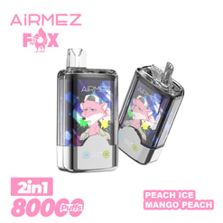 Two transparent rectangular AiRMEZ FOX disposable vape devices with chrome bases and mouthpieces, showing a colourful geometric background and pink fox artwork, accompanied by promotional text reading '2in1 800 puffs' and 'Peach Ice Mango Peach'.