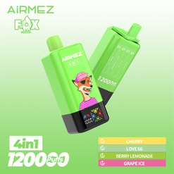 Dwa jasnozielone jednorazowe urządzenia do waporyzacji 4 w 1 AiRMEZ Fox z rysunkowym lisem w różowej czapce, odważną etykietą '1200 puffów' i czarną podstawą, pokazane na jasnozielonym gradientowym tle z logo AiRMEZ Fox i etykietami smakowymi Cherry, Love 66, Berry Lemonade i Grape Ice.
