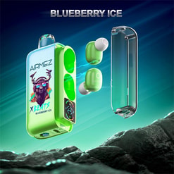 Floating promotional image of green Airmez wireless earbuds and a matching charging pod decorated with a colourful stag graphic and the label Blueberry Ice, a transparent outer case nearby and blue energy arcs between components against a teal gradient background over a rocky foreground.