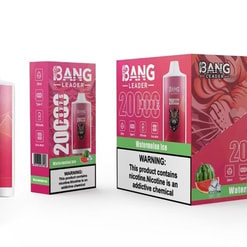 Three pink Bang Leader Watermelon Ice disposable vape items — a single bottle-style device with a snarling tiger emblem, a mid-size retail box and a larger 10‑pack box displaying '20,000 puffs', watermelon graphics and nicotine warning labels.