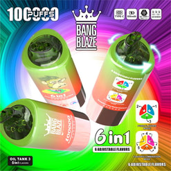 Three green gradient Bang Blaze 6-in-1 disposable vape cylinders with crown logo and flavor-selection diagrams on a colourful radial background, showing icons for Type-C charging, 850mAh battery, oil tank and LED screen and text '6 adjustable flavors'.