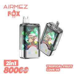 Two transparent Airmez Fox vaping devices showing a cartoon deer in a beanie against a colourful geometric background, with AiRMEZ FOX branding and labels reading 2in1 8000 puffs and Tropical Fruit Love 66.