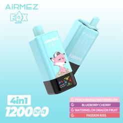 Two turquoise AiRMEZ Fox disposable vape devices floating on a pale blue background, showing a pink cartoon fox logo, '4-in-1' and '1200 puffs' labelling, and a panel listing four flavours: Peach Mango Watermelon, Blueberry Cherry, Watermelon Dragon Fruit and Passion Kiss.