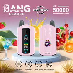 Two pink Bang Leader disposable vape devices—front view with a digital display showing battery and mode indicators and rear view with branding and double-flavor label—placed on a round pedestal against a tropical beach backdrop with splashing fruits and a cocktail, accompanied by text advertising up to 50,000 puffs and icons for Type-C, 650mAh, dual mesh and adjustable settings.