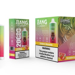 Three Bang Leader Strawberry Watermelon disposable vape items—a green-to-pink gradient device with a tiger logo on the left, a matching retail box in the centre and a larger display box on the right, all labelled 20,000 puffs and displaying a nicotine warning.