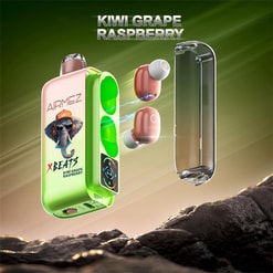 Promotional image of pink wireless earbuds emitting blue electrical sparks beside a neon-green charging case emblazoned with an elephant graphic and 'XBEATS' branding, a transparent cover, and the flavour name 'KIWI GRAPE RASPBERRY' set against a green gradient background over a rocky foreground.