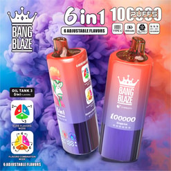Two glossy orange-to-purple Bang Blaze disposable vape devices against swirling purple and orange smoke, marked 6 in 1 with '6 adjustable flavours' labels, flavour icons and diagrams, a crown logo and small icons for Type-C charging, 850mAh battery, oil tank and LED screen.
