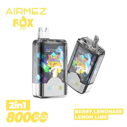 Two AiRMEZ Fox 2-in-1 disposable vape devices with clear casings showcasing colourful crowned fox artwork, paired with brand logo and text indicating 800 puffs and flavours Berry Lemonade and Lemon Lime