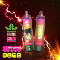 Two rainbow-gradient disposable vape devices branded Bang King, one featuring a cartoon ape and the other labeled 40,000 puffs, set against a fiery red background with electric lightning effects and small specification icons at the bottom.