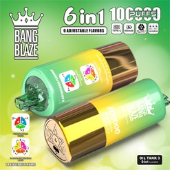 Two metallic green-to-gold cylindrical Bang Blaze disposable vapes with transparent mouthpieces and crown logo, displayed on a green gradient background with text '6 in 1' and '100000 puffs' plus icons for Type‑C charging, 850 mAh battery, oil tank and six adjustable flavour modes.