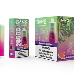 Three Bang Leader Watermelon Bubble Gum disposable vapes and a retail display box in pink‑green gradient packaging featuring a tiger illustration, '20,000 puffs' branding and a nicotine warning label.