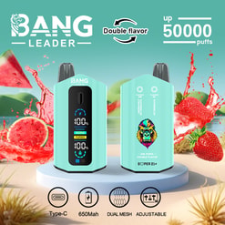 Two mint-green Bang Leader disposable vape devices — a front-facing unit with a digital status display and a rear-facing unit with a colourful gorilla logo — set on a pedestal amid watermelon and strawberry splashes with promotional text indicating double flavour and up to 50,000 puffs and icons for Type‑C, 650mAh, dual mesh and adjustable