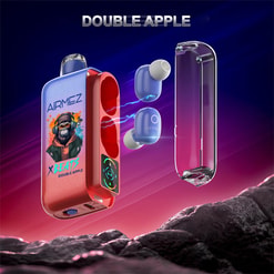Stylised product shot of blue wireless earbuds and a red metallic charging case branded AiRMEZ with an XBEATS graphic, a translucent cover and electric-blue connection effects, floating above a rocky foreground against a purple-pink gradient backdrop with the text DOUBLE APPLE at the top.