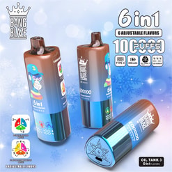 Three metallic brown-to-blue gradient cylindrical Bang Blaze disposable vapes with crown logo and mouthpieces displayed against a snowy blue background, highlighting '6 in 1' adjustable flavors, '100000 puffs' claim and icons for Type‑C charging, 850mAh battery and oil tank 3.