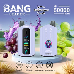 Two lilac BANG LEADER disposable vape devices on a round pedestal with a backdrop of purple and green grapes and juice splashes, the front unit showing a digital battery and power/mode indicators and the ad text highlighting Double flavor and up 50,000 puffs with icons for Type‑C, 650mAh, dual mesh and adjustable.