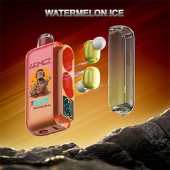 Metallic red AIRMEZ charging case with a colourful character graphic, two lime‑green wireless earbuds hovering with blue charging sparks toward a translucent lid, set against a warm orange backdrop with the caption WATERMELON ICE and a rocky foreground.