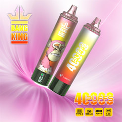 Two colourful gradient disposable vape devices branded Bang King and 4C Puffs — one showing a cartoon monkey illustration — displayed on a pink swirling background with a crown logo and icons indicating Type‑C charging, 1000mAh battery and 40,000 puffs.