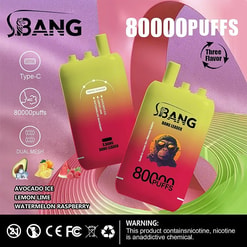 Two gradient yellow-to-pink S.BANG disposable vape devices with a monkey logo and large 