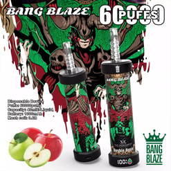 Promotional image showing two Bang Blaze disposable vape devices decorated with red-and-green demonic warrior artwork under a large '60000 PUFFS' headline, labelled 'Double Apple' with sliced red and green apples at the base and product specs and crown logo visible.
