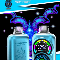 Two metallic blue BangKing vape devices—one showing the engraved