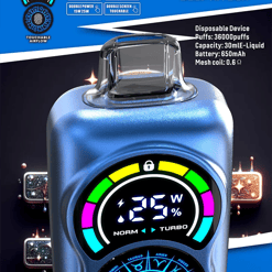 Metallic blue disposable vape device with dual circular digital screens—upper display showing 25W with coloured power bars and Norm/Turbo indicators, lower screen a glowing green fingerprint sensor ringed by zodiac icons—shown on a blue promotional background reading BANGKING and 36000 puffs with product specs.