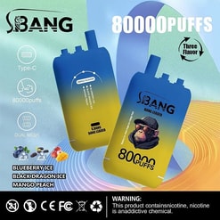 Blue-to-yellow gradient advertisement showing two S.BANG “Bang Leader” disposable vape devices with a monkey logo, large “80000 PUFFS” text, icons for Type‑C and dual mesh, three flavour labels (Blueberry Ice, Black Dragon Ice, Mango Peach) and a nicotine warning.