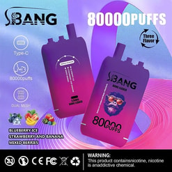 Two purple-to-pink gradient S.BANG disposable vape devices with a sunglass‑wearing monkey logo and bold '80000 PUFFS' text, shown on a swirling purple background with icons for Type‑C charging and dual mesh, a 'three flavour' label, listed flavours Blueberry Ice, Strawberry and Banana and Mixed Berries, and a small nicotine warning strip at the bottom.