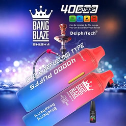 Advertising image of two gradient blue-to-pink Bang Blaze shisha vape devices with crown logo and 'cycle refueling type' text, a hookah silhouette behind them, product spec icons (Type-C, 1000mAh, 40ml) and a small blueberry-raspberry e-liquid bottle on a blue bokeh background.