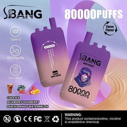 Two purple-to-pink gradient disposable vape devices branded S.BANG displayed on a stylised purple background with prominent '80000 PUFFS' text, icons for Type‑C charging and dual mesh, a 'three flavour' label, listed flavours Cola Ice, Blueberry Raspberry and Peach Mango Watermelon, and certification symbols with a nicotine warning along the bottom.