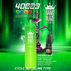 Bright neon-green advertisement showing a large green Bang Blaze Shisha disposable vape bottle labelled Double Apples with a crown logo, placed beside a purple hookah and a small black e‑liquid bottle, set against a smoky green background with prominent text claiming