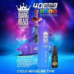 Advertising image showing two purple-blue Bang Blaze Shisha disposable vape devices and a small mixed-fruit e-liquid bottle in front of a decorative hookah on a neon purple-blue background, featuring the crown logo, '40 puffs' branding, flavor 'Mixed Fruit' and technical specs like 40 ml capacity, 1000 mAh battery and 0.6Ω mesh coil.
