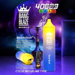 Gradient yellow-to-blue disposable vape labelled BANG BLAZE SHISHA with crown logo and 'Red Bull' flavour text, shown upright beside a hookah, a small refill bottle and a mouthpiece against a purple smoky promotional background with product specs.
